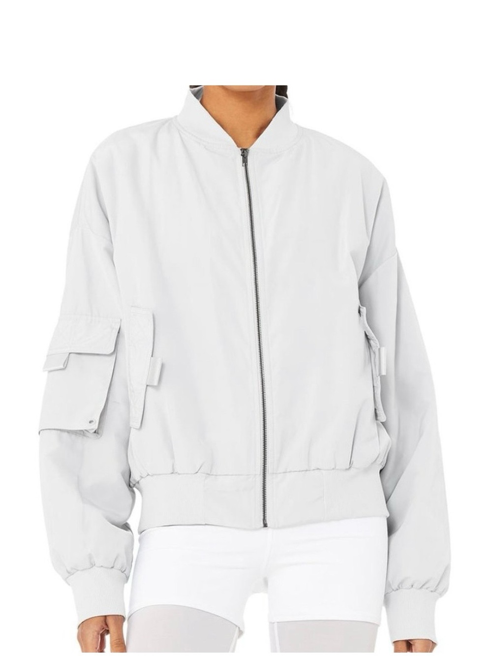 ALO Yoga White Bomber Jacket with Utility Pockets